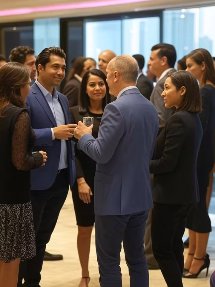 Diverse group of cosmopolitan professionals at upscale networking event in Dubai, international crow