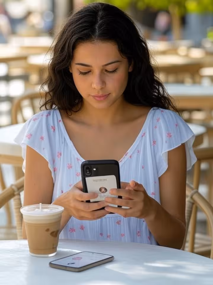Woman browsing sugar dating app on phone at café