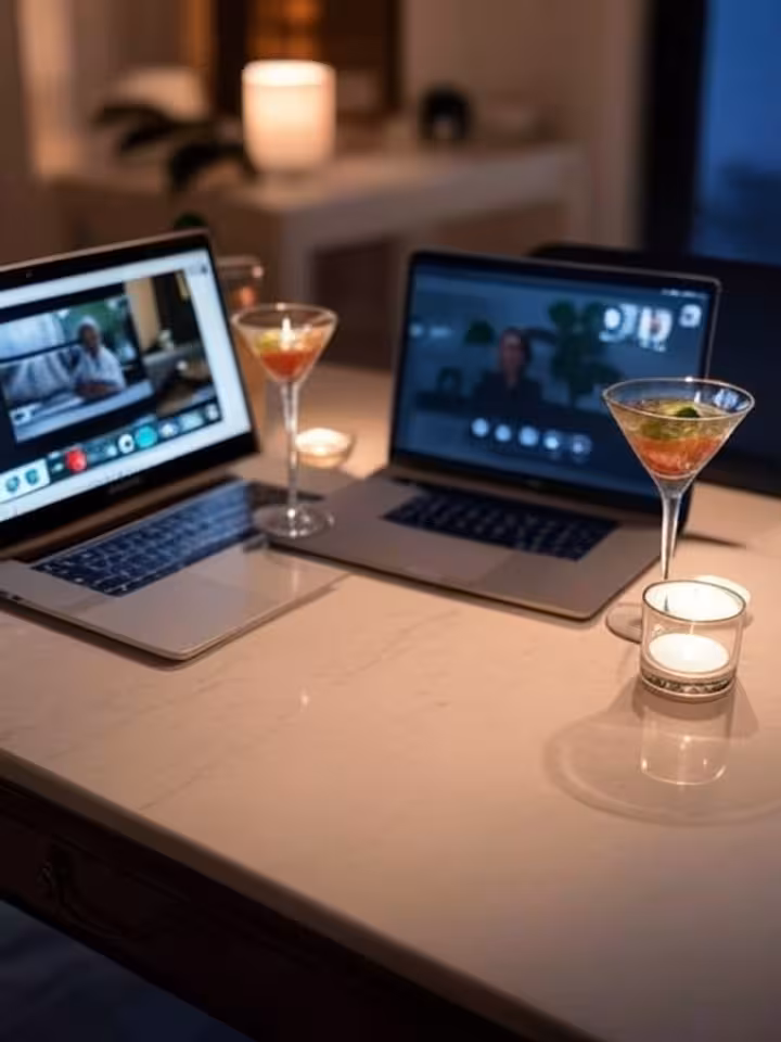 Virtual dating setup with laptop and cocktails for safe online meeting