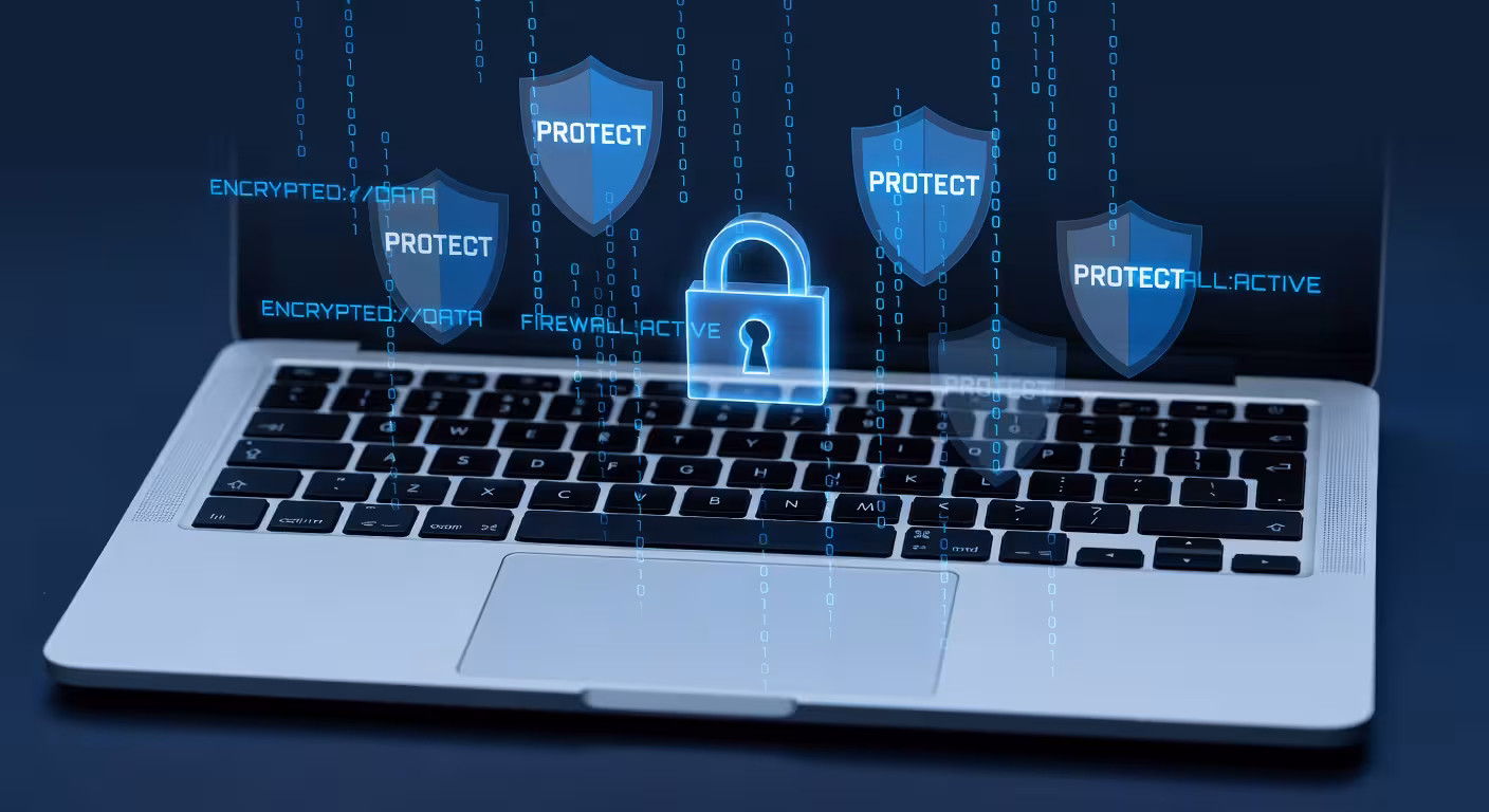 Laptop keyboard with digital security concept overlay