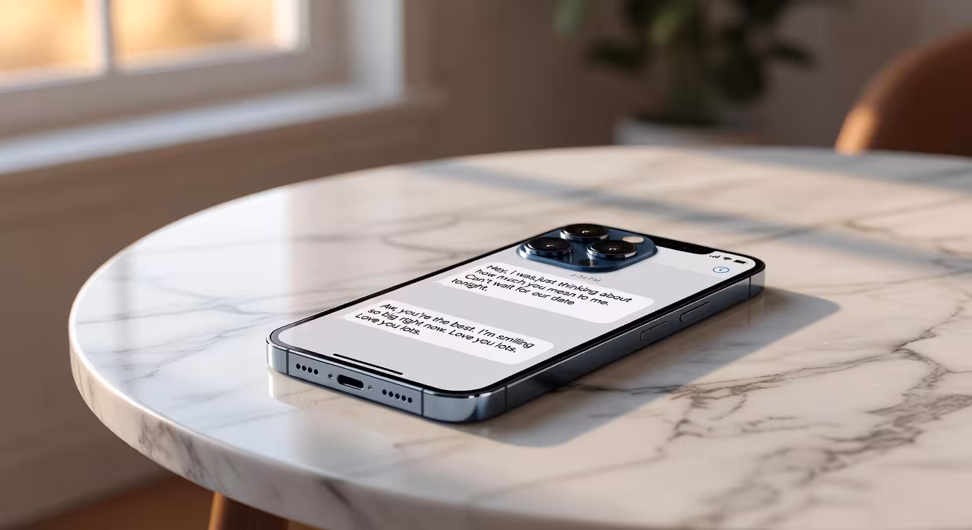 Viedtālrunis, uz kura ekrāna redzams emocionāls īsziņas ziņojums, uz marmora virsmas