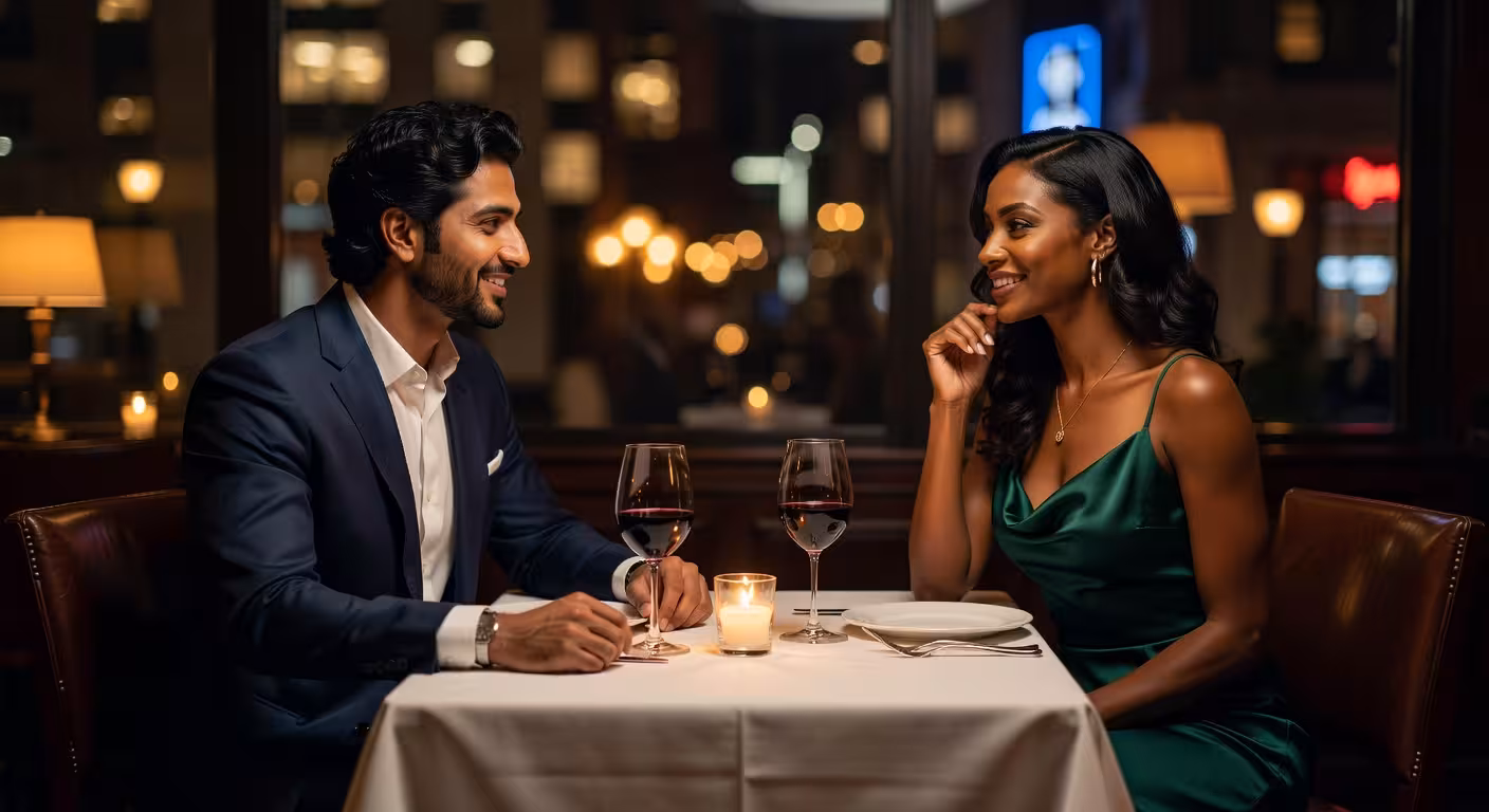 Couple engaged in deep conversation at upscale restaurant