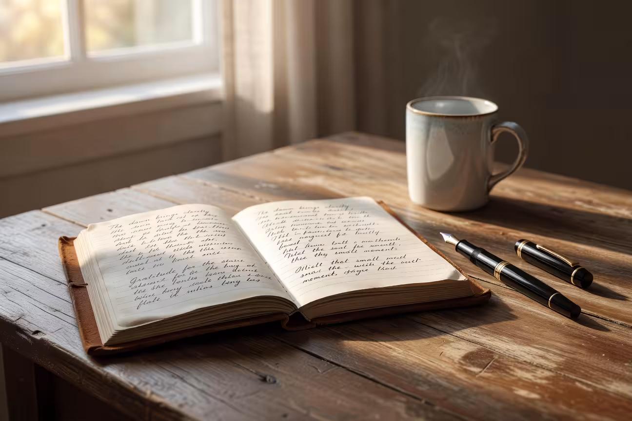 Personal journal with handwritten reflections on wooden desk