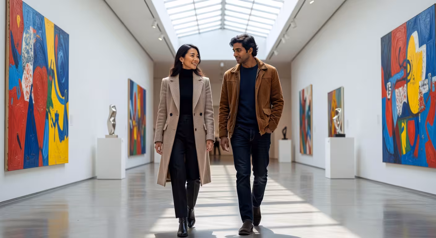 Two people walking together through contemporary art gallery