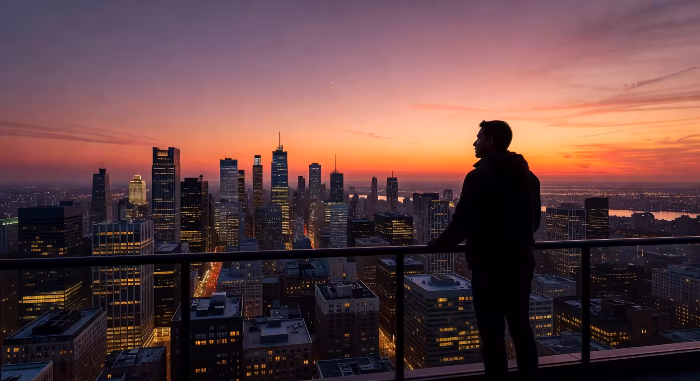 Silhouette of person contemplating city view at sunset