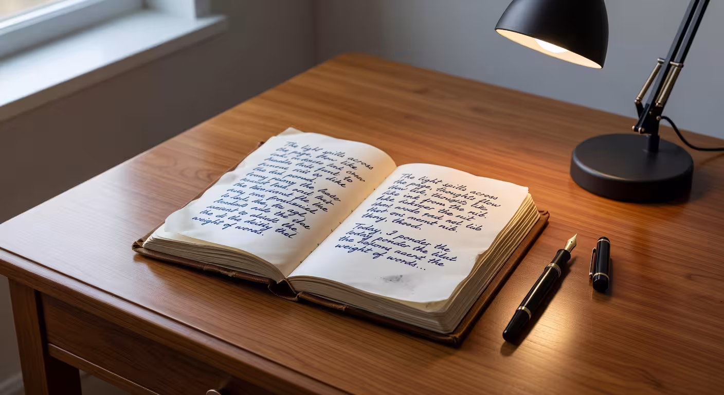 Journal with handwritten notes and a pen on a wooden table