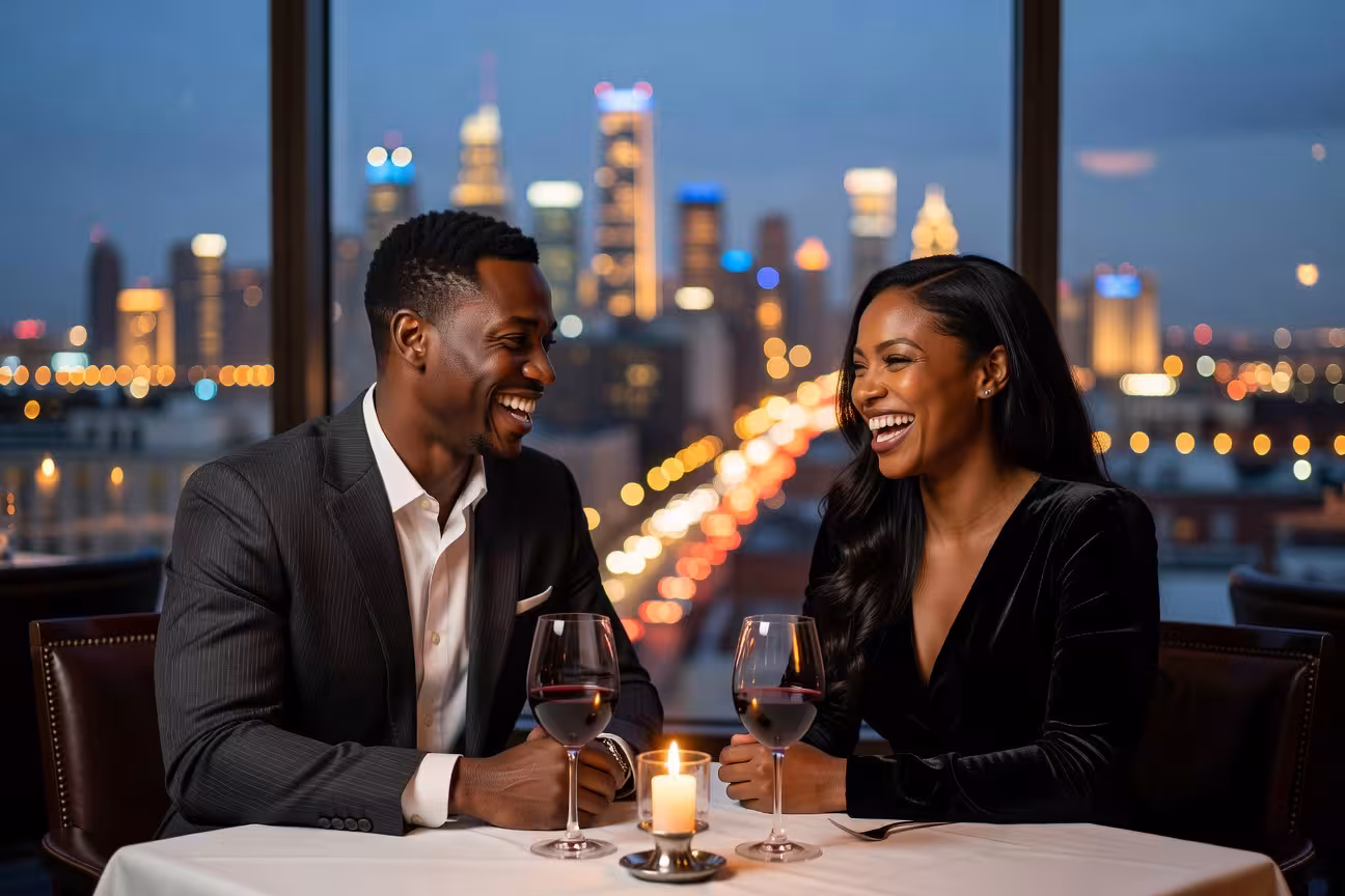 Couple sharing a relaxed dinner conversation at an upscale restaurant