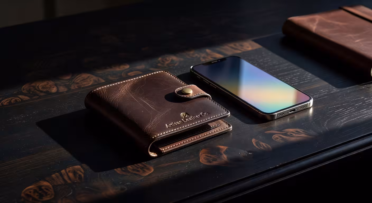 A leather wallet and smartphone resting on a wooden desk