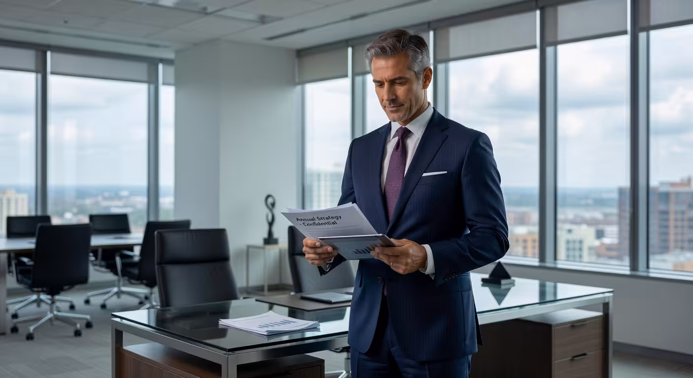 A person reviewing documents in a modern office