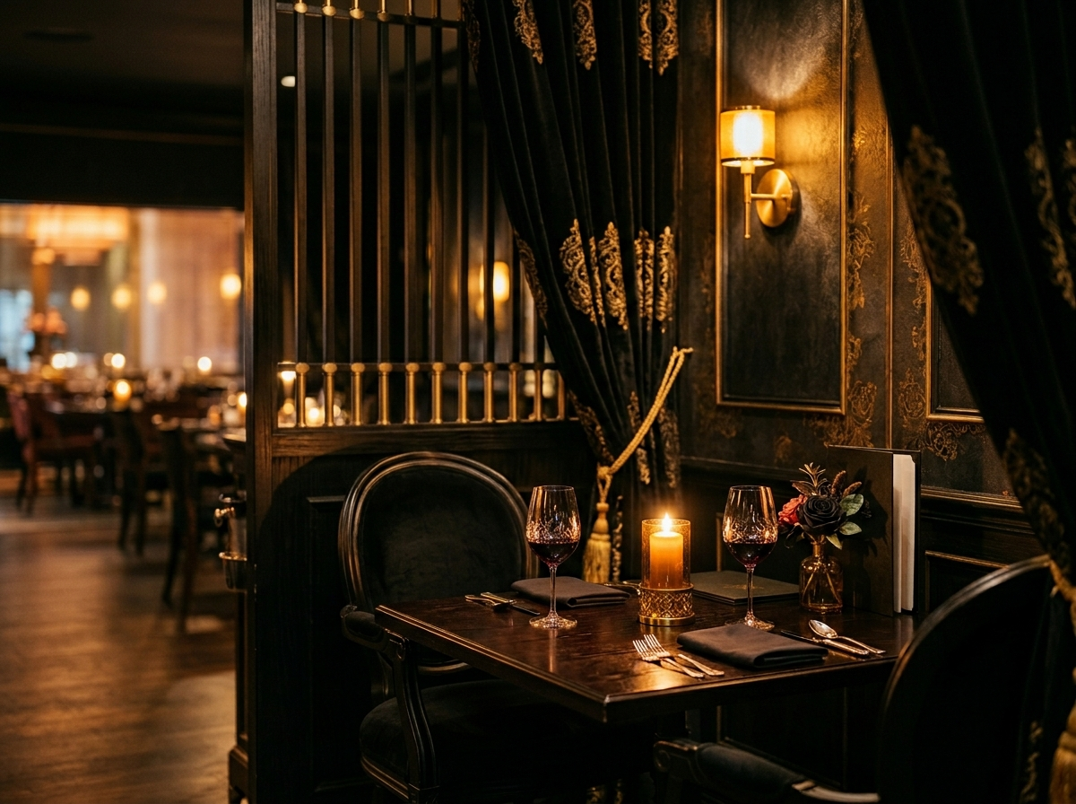Intimate corner table in a dimly lit upscale restaurant