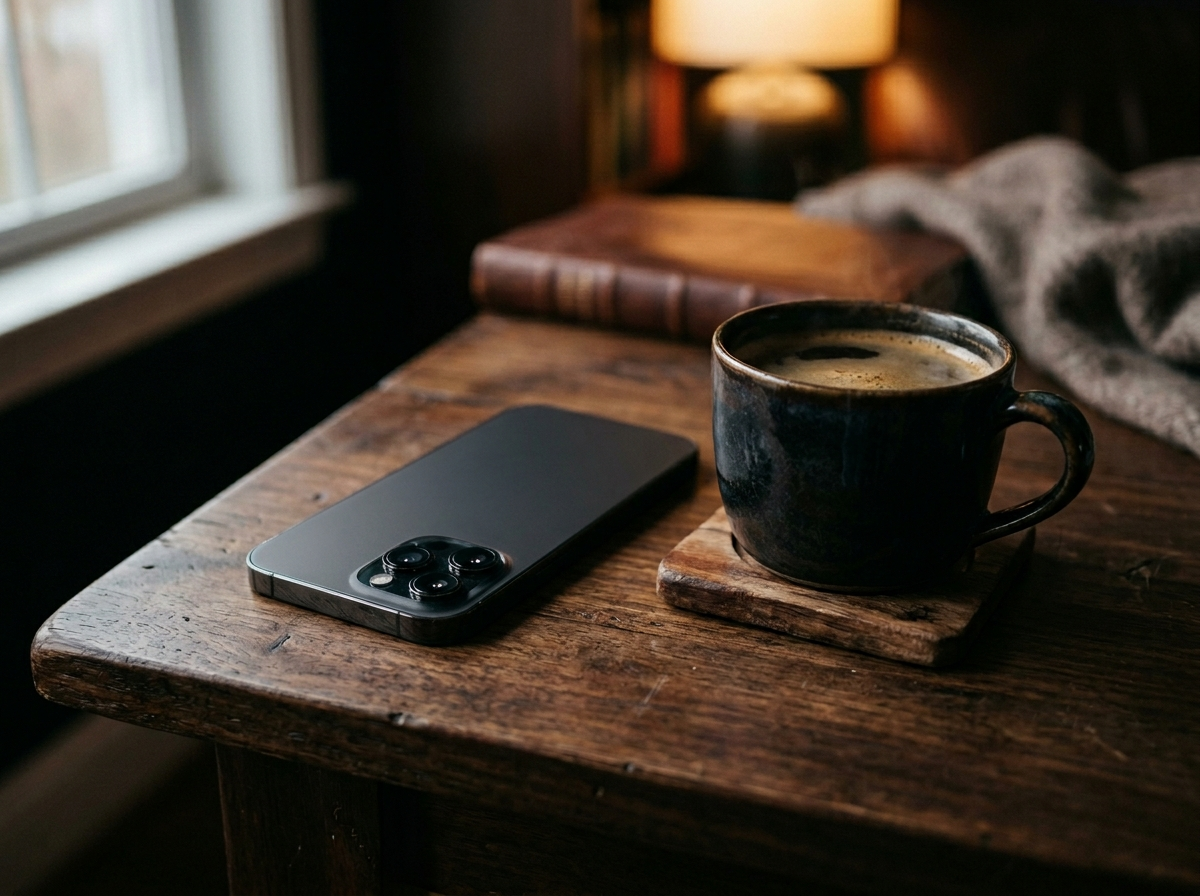 Smartphone resting face-down on a dark table beside a coffee cup