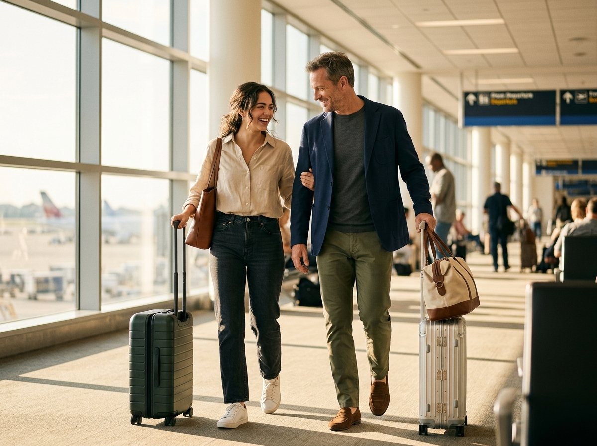 Woman and man walking through an airport together