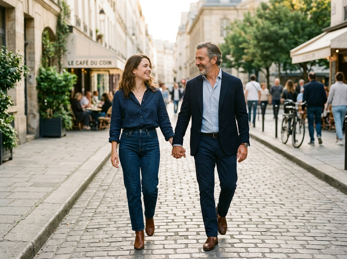 Woman walking alongside a man, sharing easy company