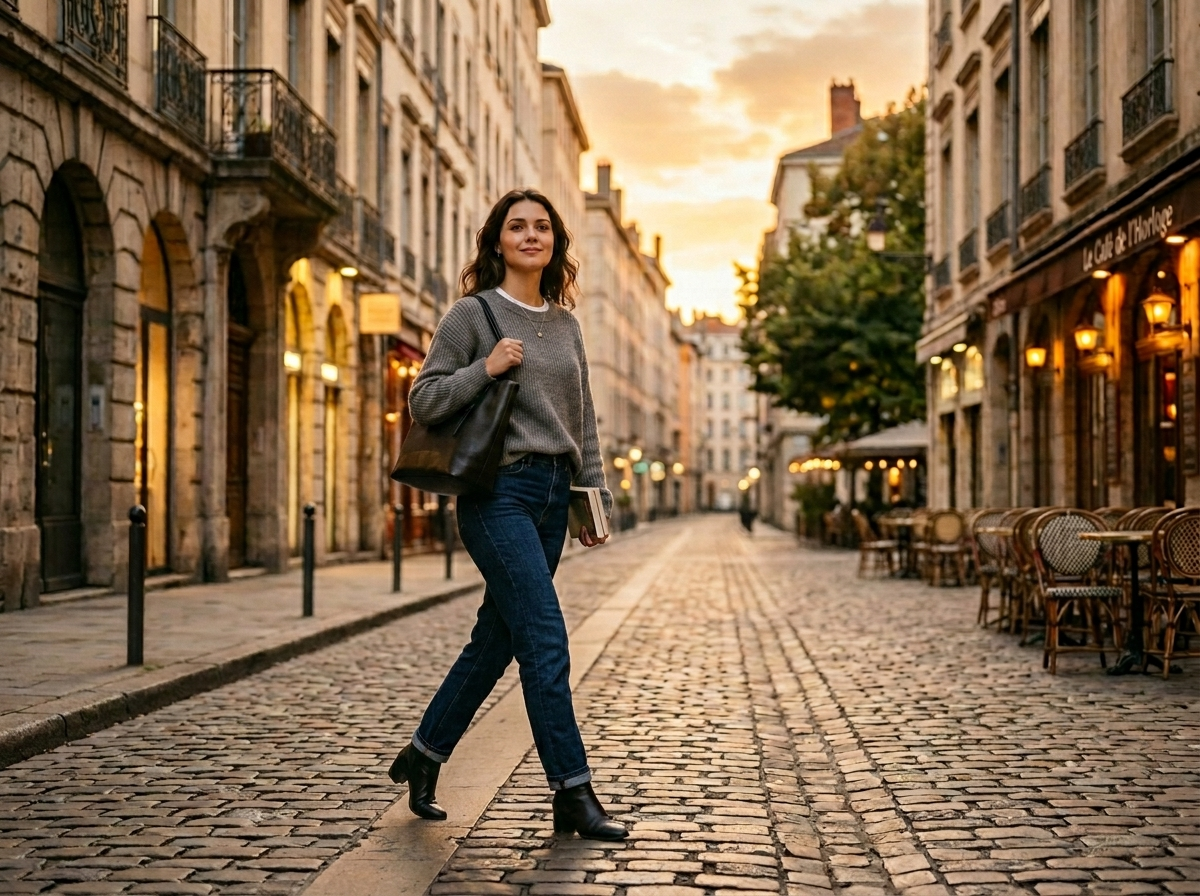 Confident young woman walking alone down a European street at golden hour