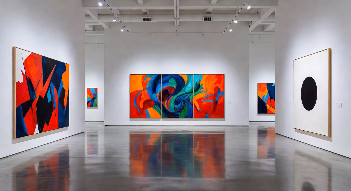 Contemporary art gallery interior with paintings