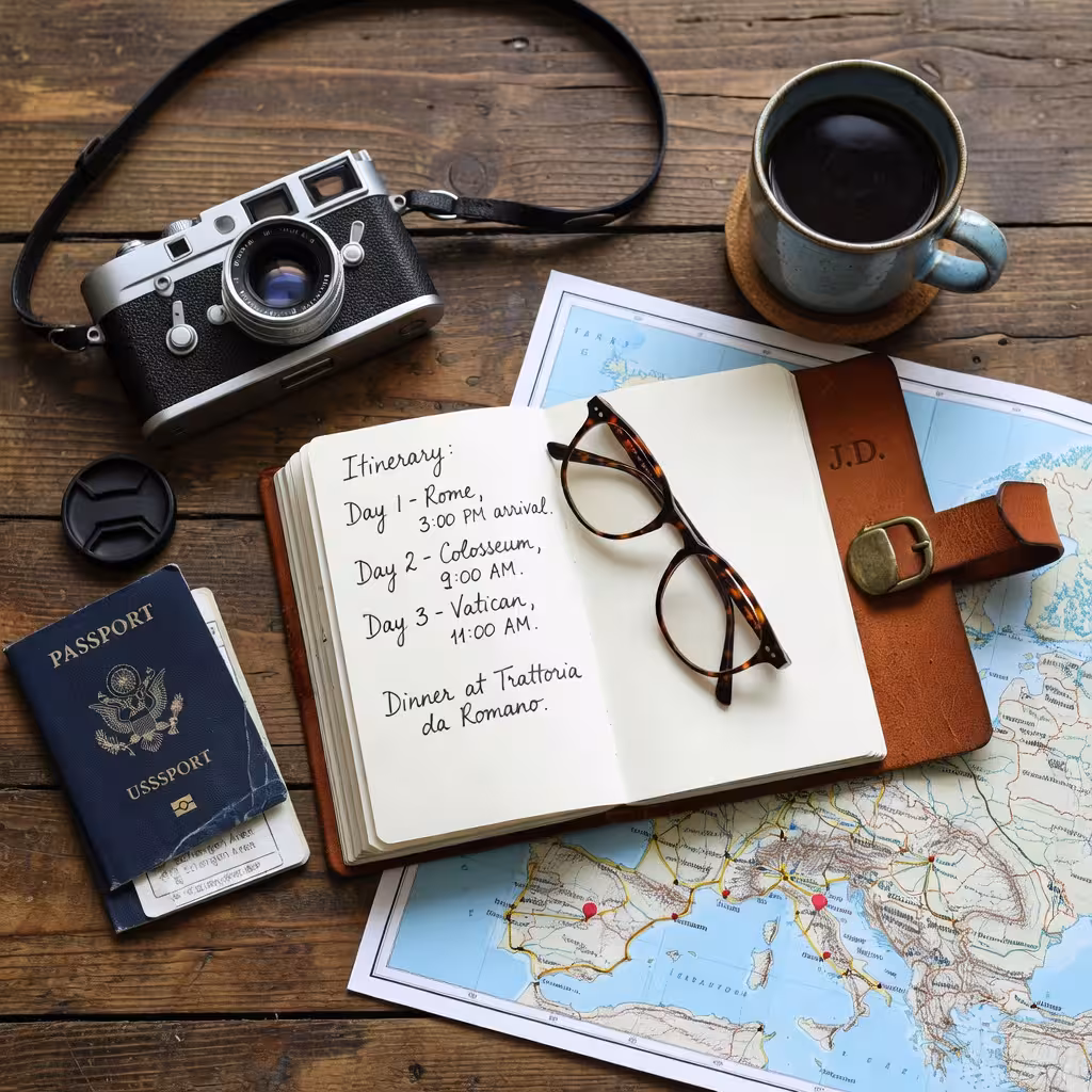 Travel planning essentials arranged on a table