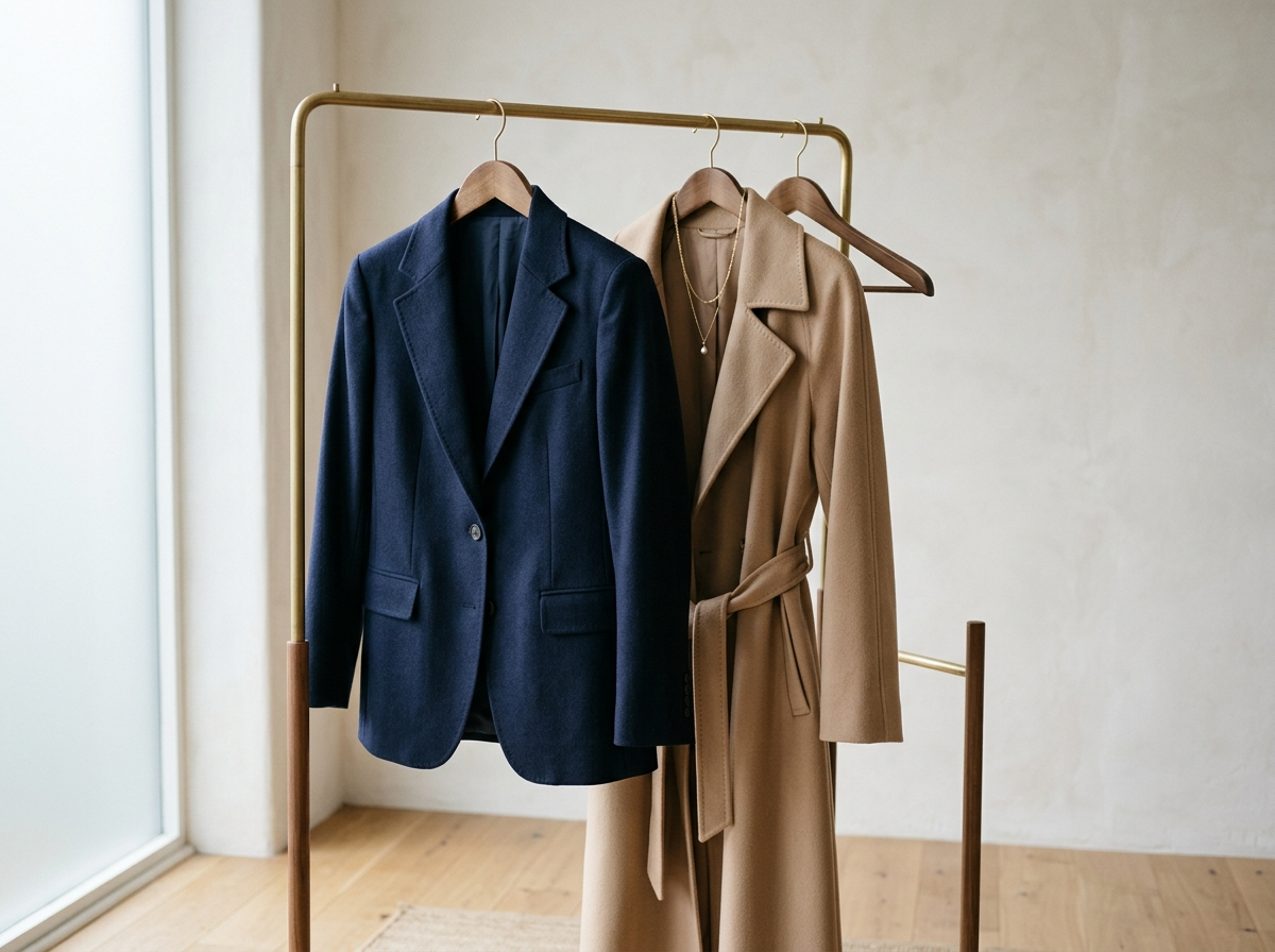 Classic blazers, a coat and simple jewellery on a clothing rack