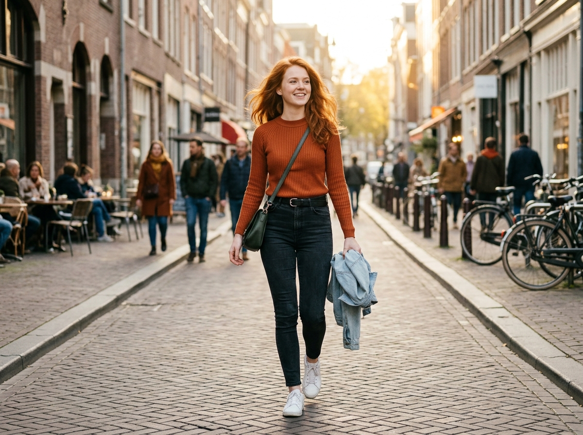 Confident young woman walking through the city, independent and self-assured