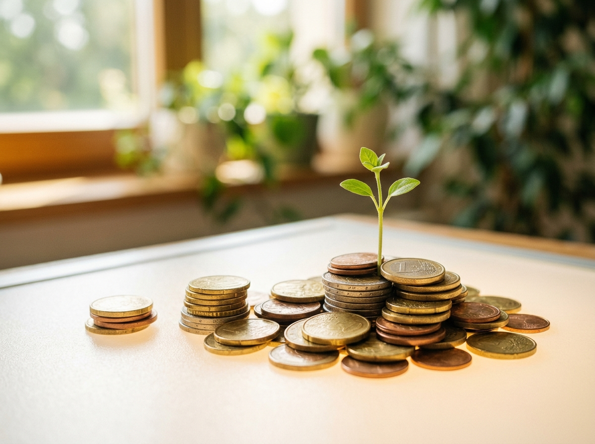 Stacks of coins with a small plant growing from them — compound growth