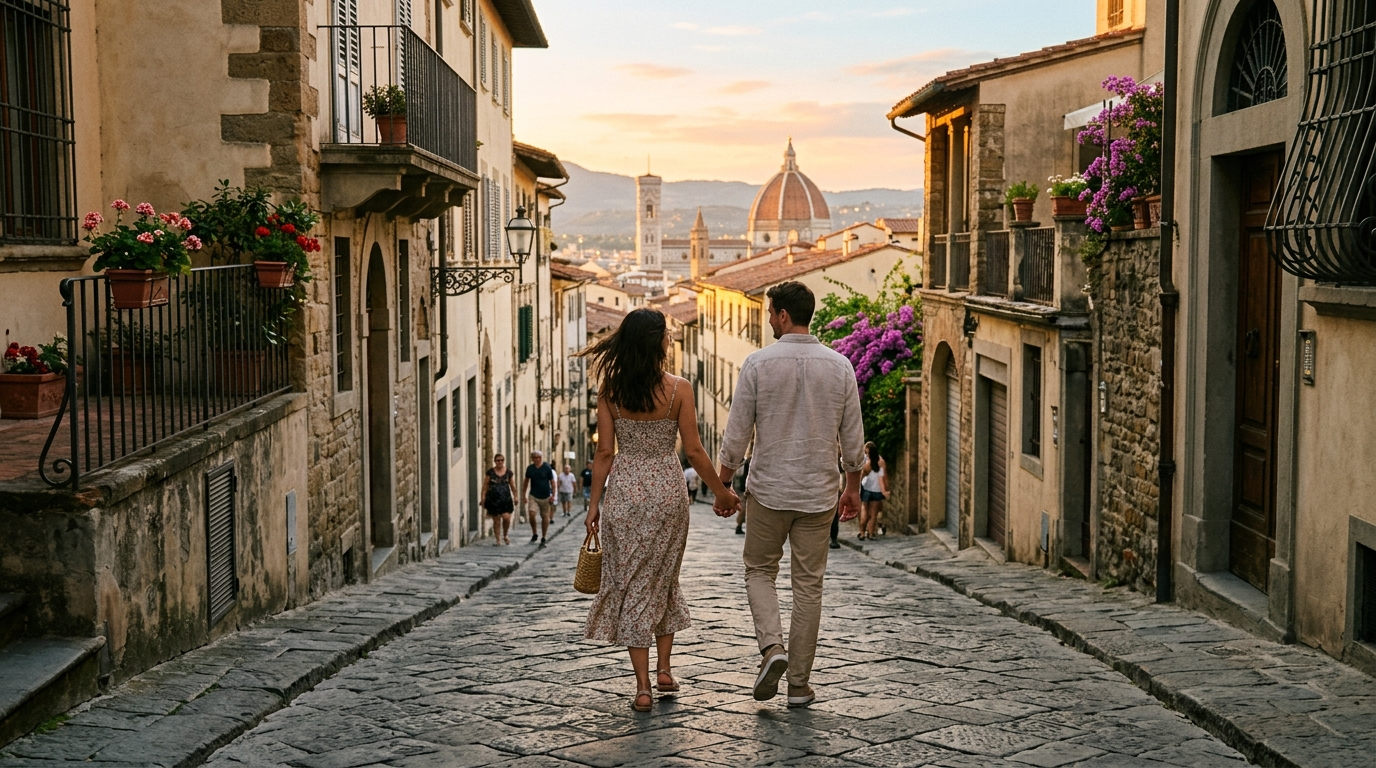 A couple exploring a beautiful European old town together at golden hour