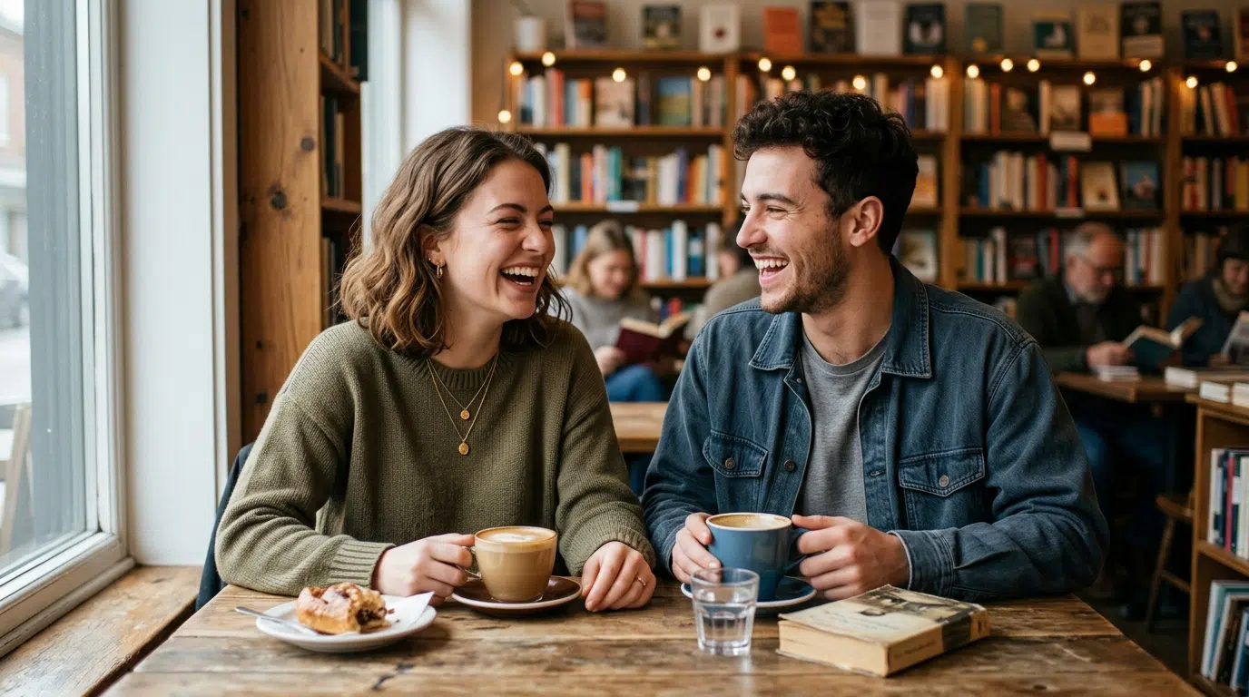 Et lykkelig ungt par som ler sammen på en avslappet kafé-date