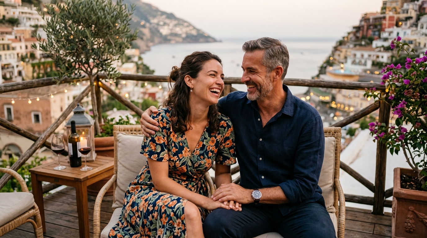 A relaxed, happy couple laughing together on a terrace at dusk