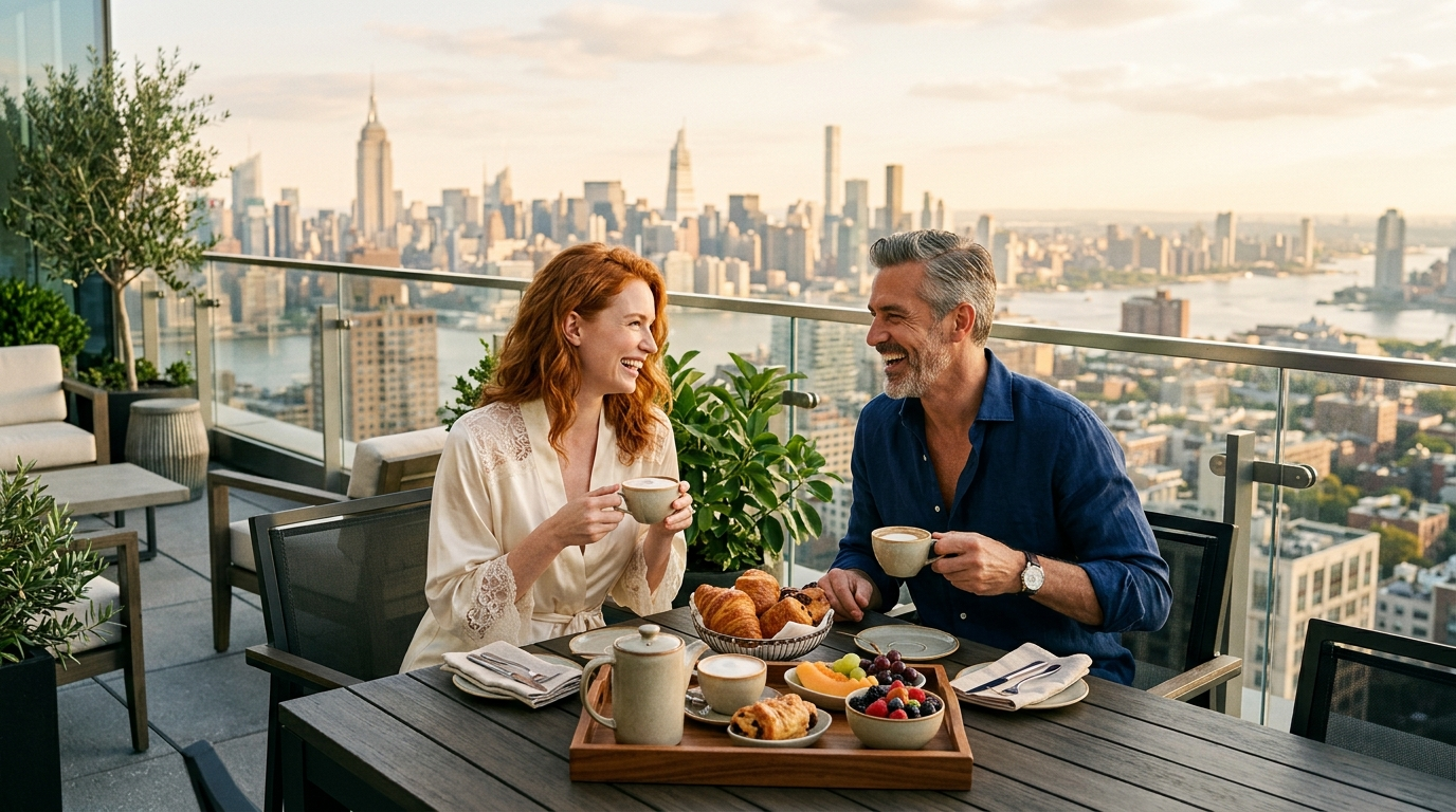 An elegant couple sharing breakfast on a penthouse terrace with a city view