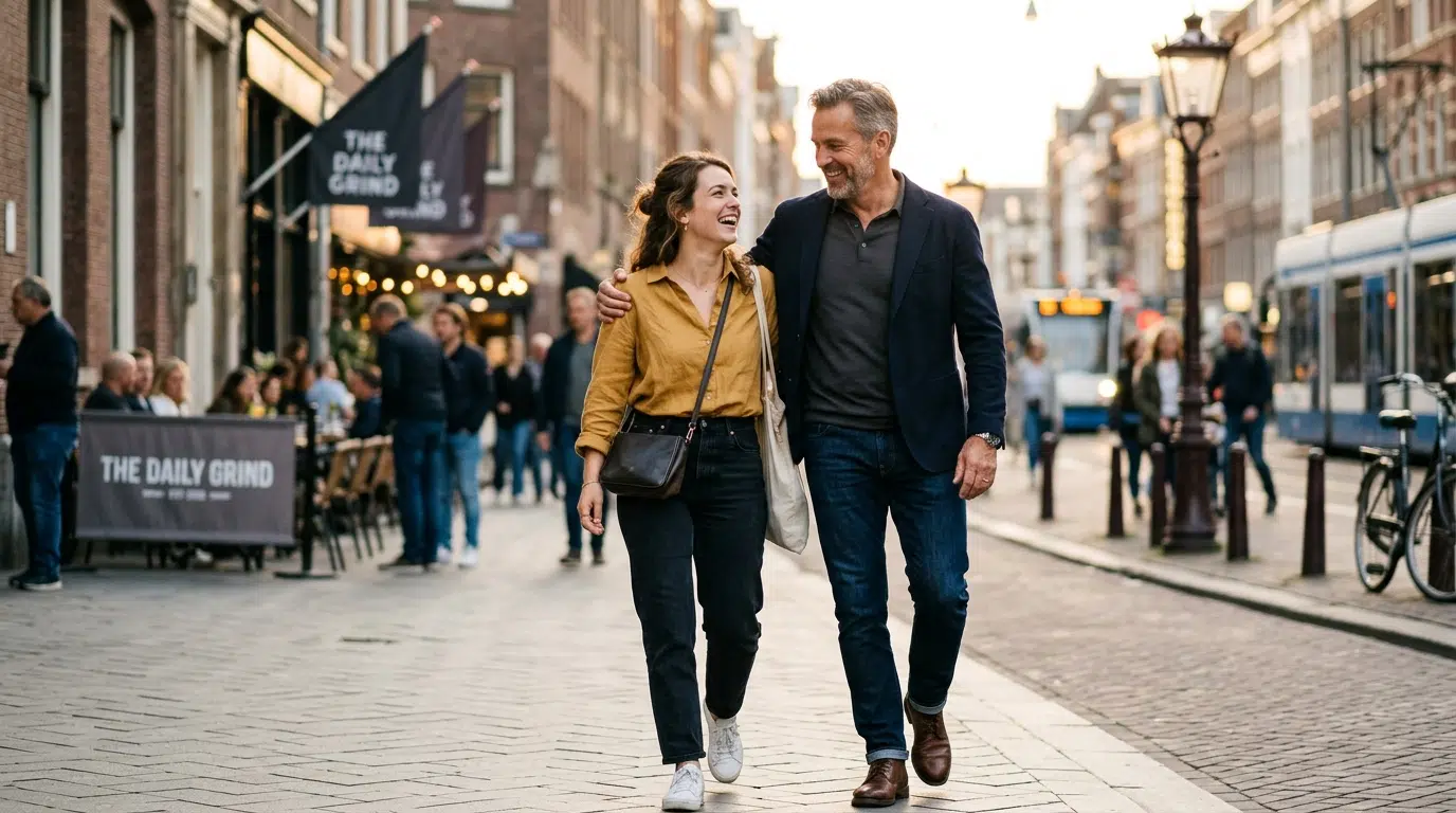 Et lykkelig par som går og ler sammen i en bygate i den gylne timen