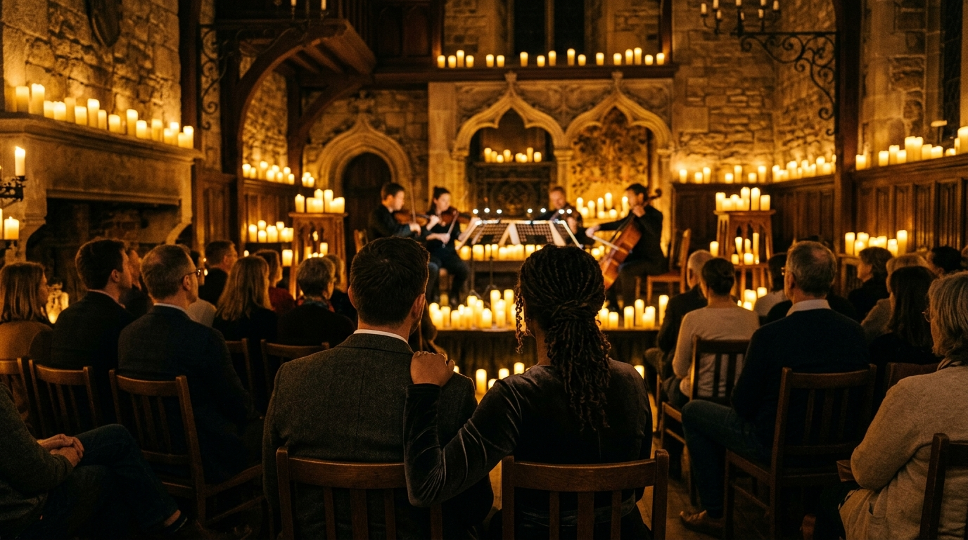 A couple watching a string quartet at a candlelight concert