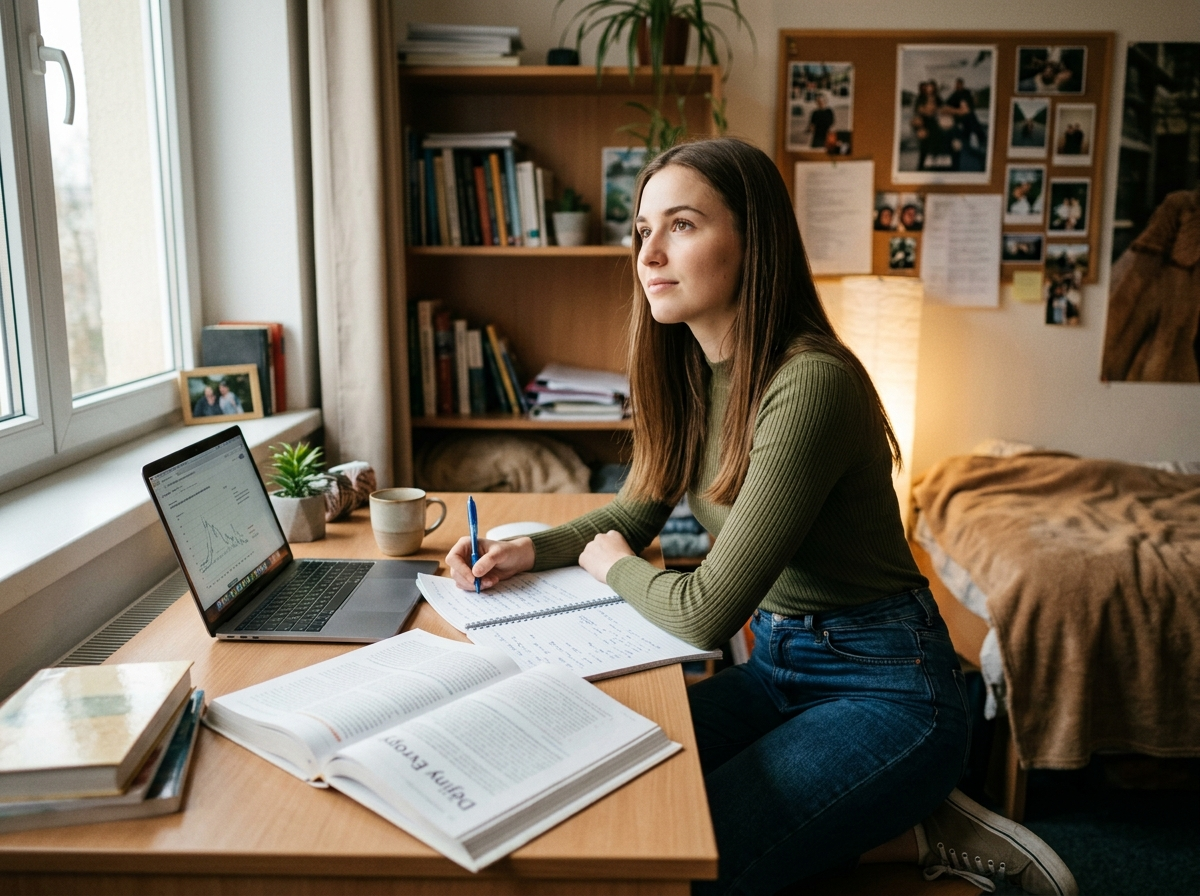 Young student studying in her room with a laptop and notes