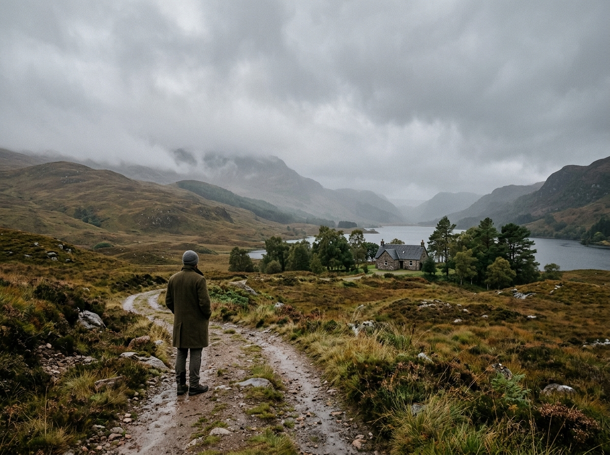 A lone figure looking out over the misty Scottish Highlands on a grey morning