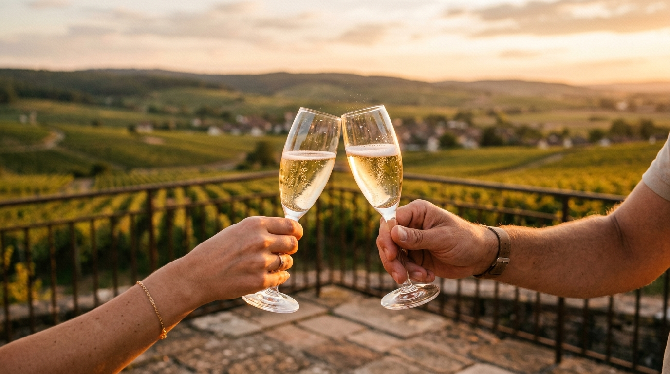 Two hands toasting champagne glasses on a terrace overlooking vineyards