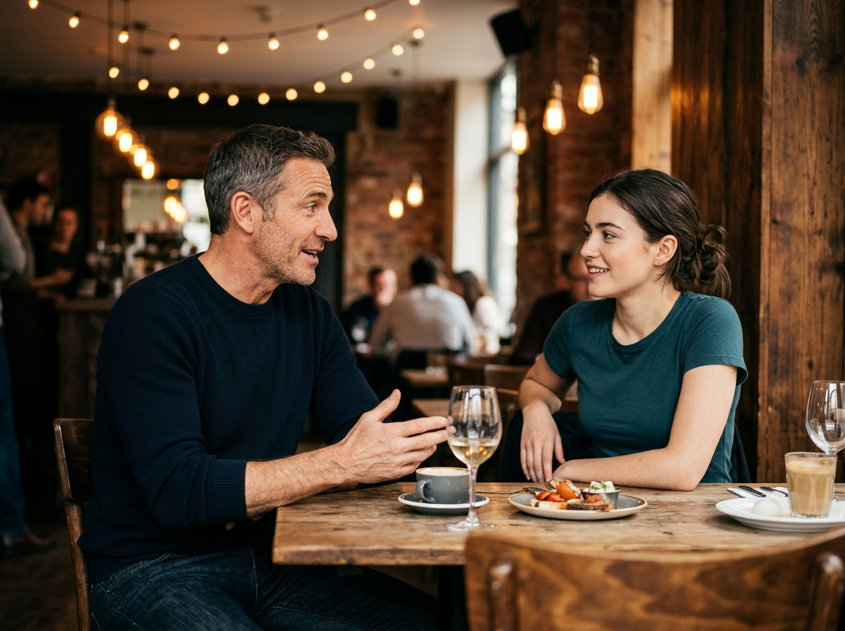 An older man and a young woman talking across a restaurant table