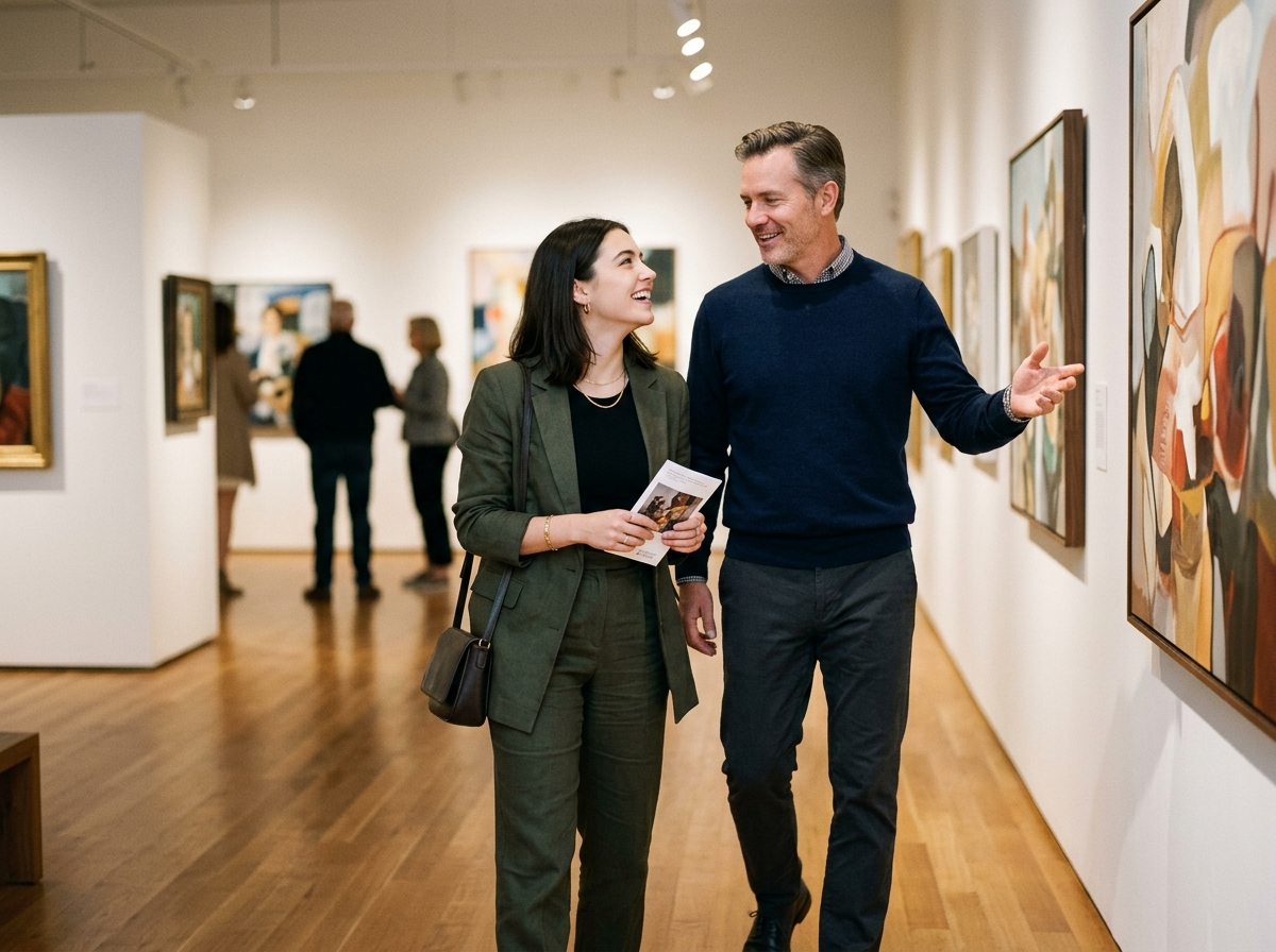 Two people in genuine conversation while exploring an art gallery together