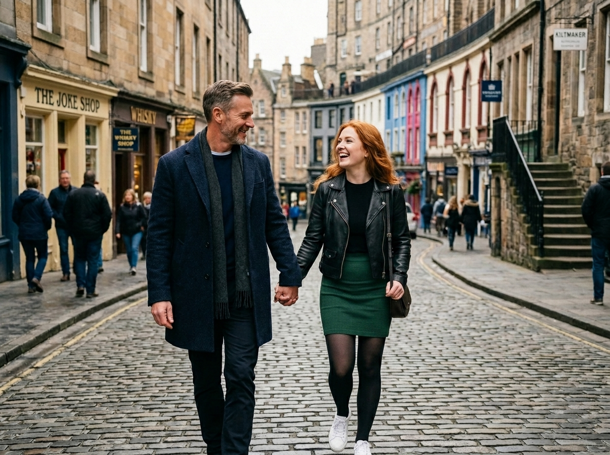 A couple walking together through the historic Old Town streets of Edinburgh