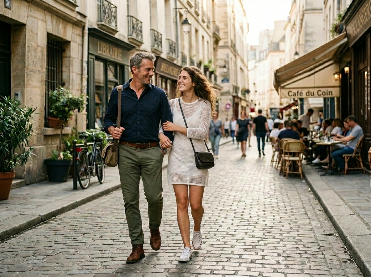 An older man and a young woman walking together down a city street