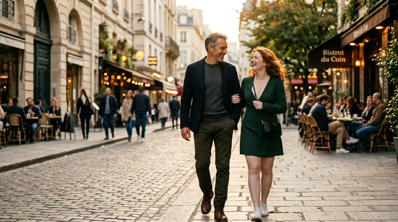 A couple walking together, relaxed and admiring each other