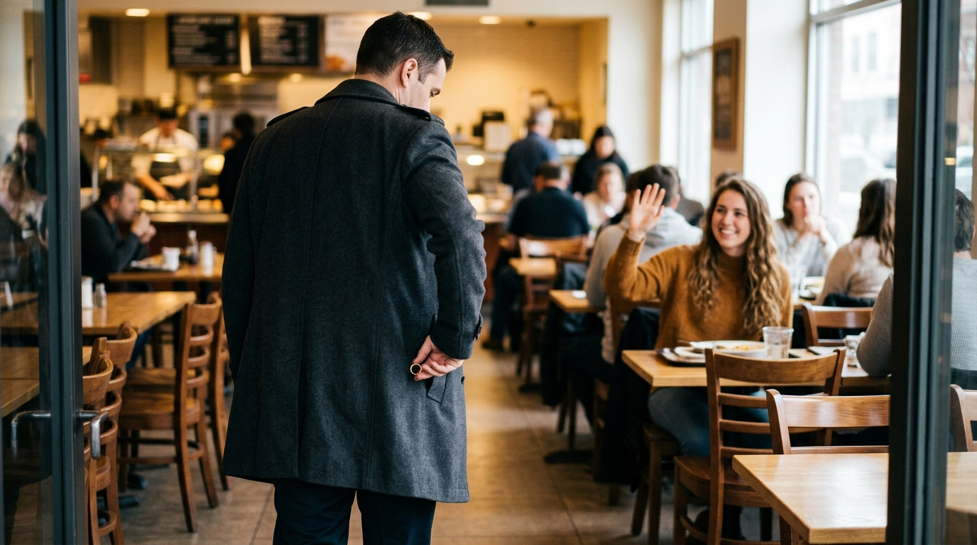 A man arriving to greet someone at a café