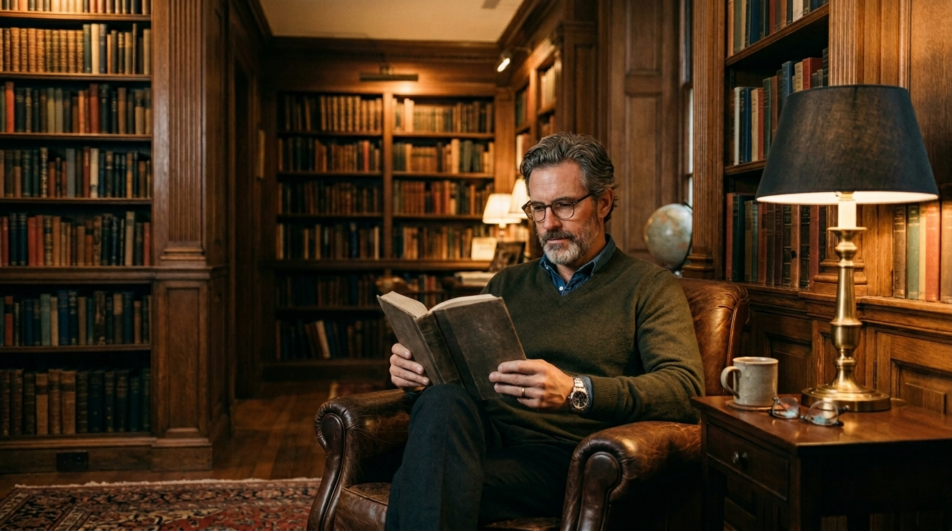 A distinguished man reading in a wood-panelled private library