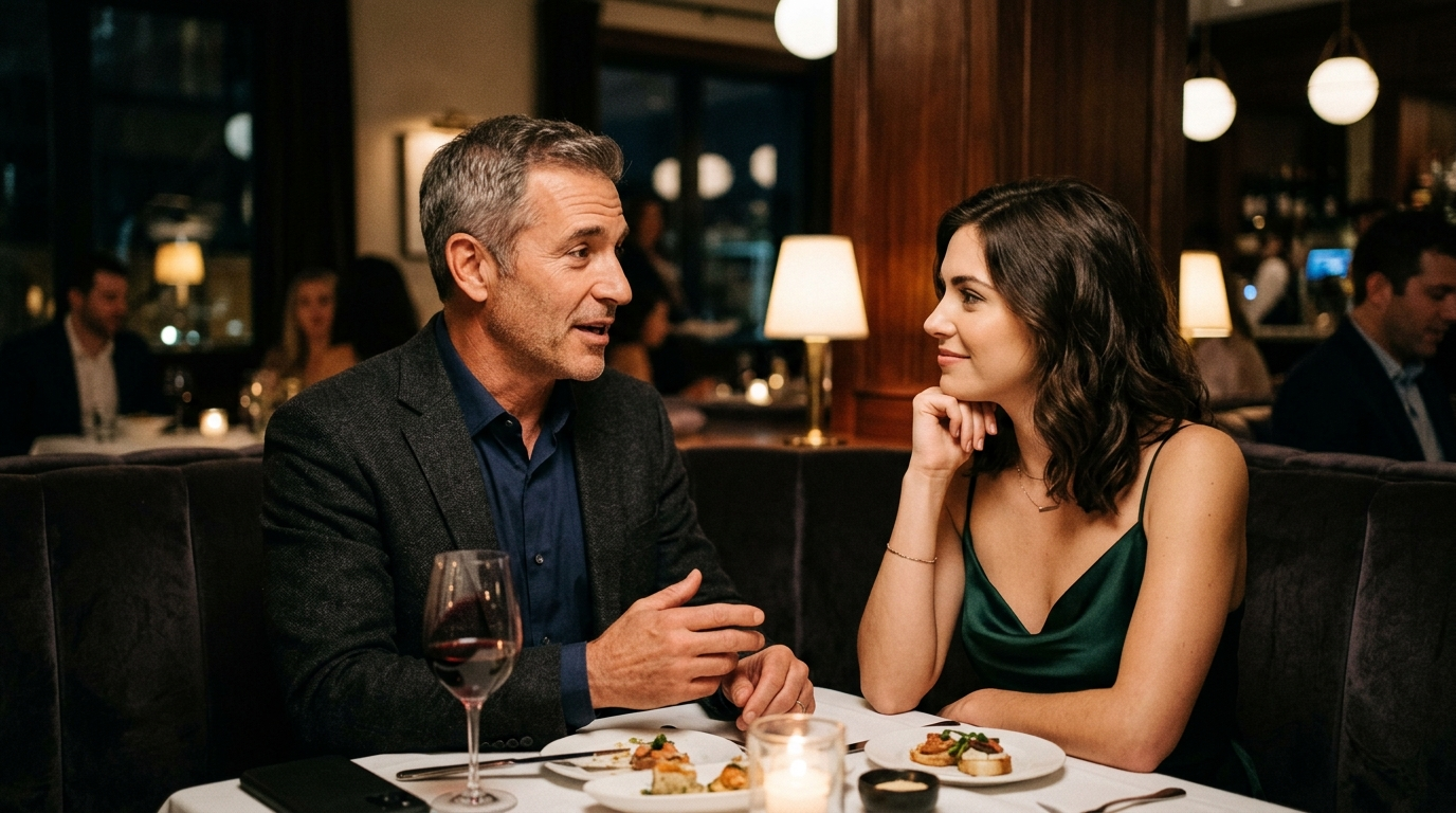 An accomplished man speaking with quiet confidence as a young woman listens with genuine interest