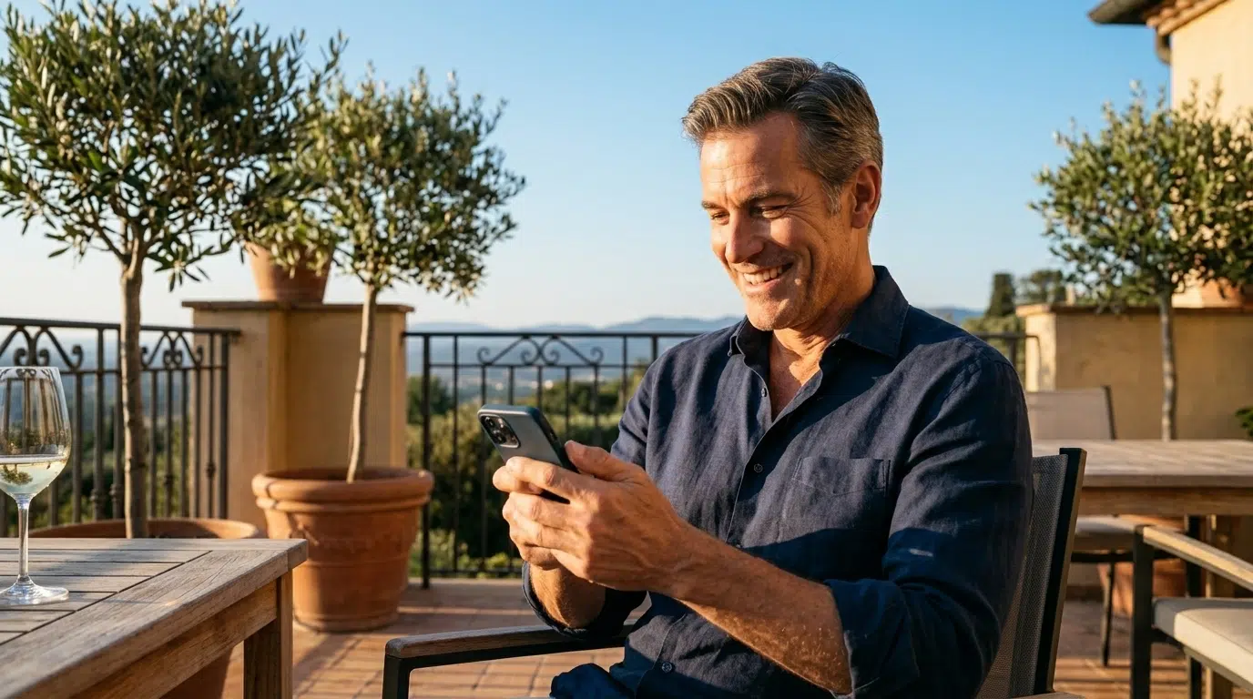A well-groomed man around fifty typing a message on his phone in an elegant study