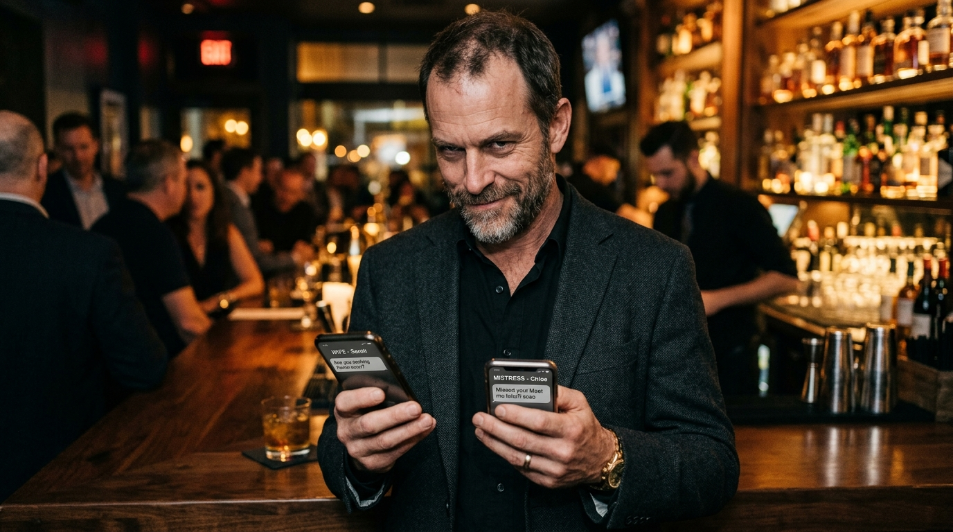 A man in a bar smirking while holding two separate phones, one labeled Wife and one labeled Mistress