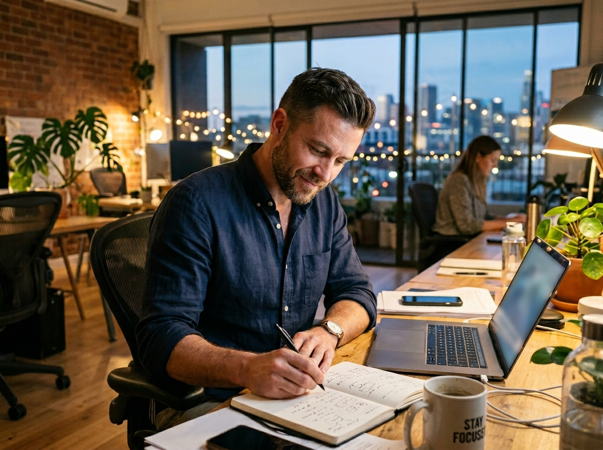 An ambitious younger man working late in a modern startup office