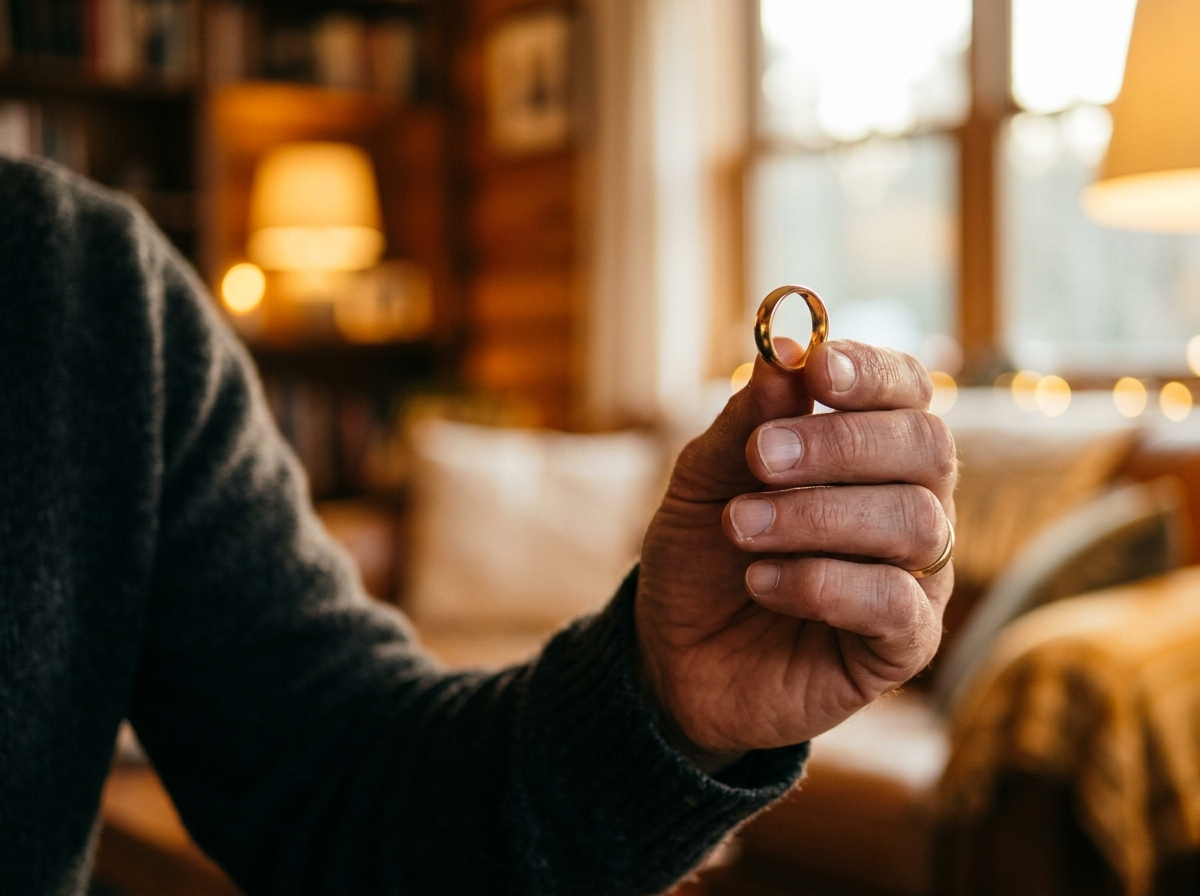 Man's fingers holding a wedding band