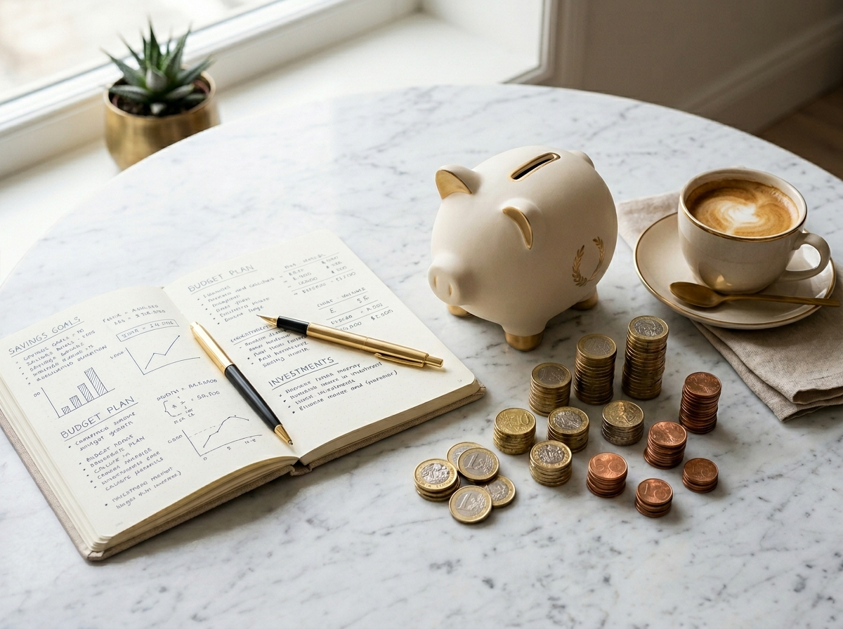 Notebook, coffee cup and piggy bank for financial planning