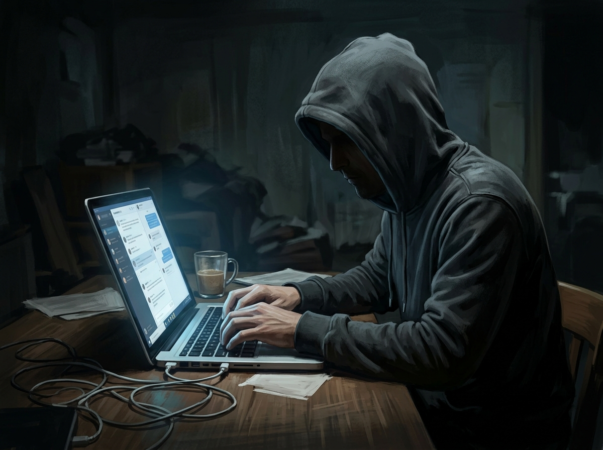A shadowy scammer typing deceptive messages at a laptop in a dim room