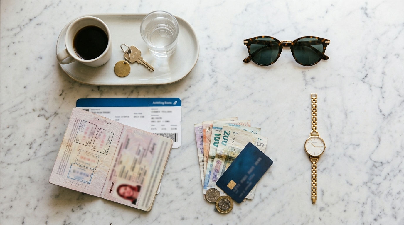Travel essentials laid out: passport, boarding pass, some cash and a card
