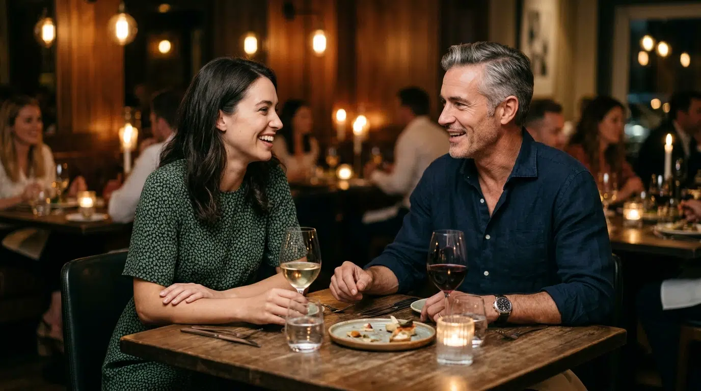 En yngre kvinne og en eldre mann i en åpen, avslappet samtale på en restaurant