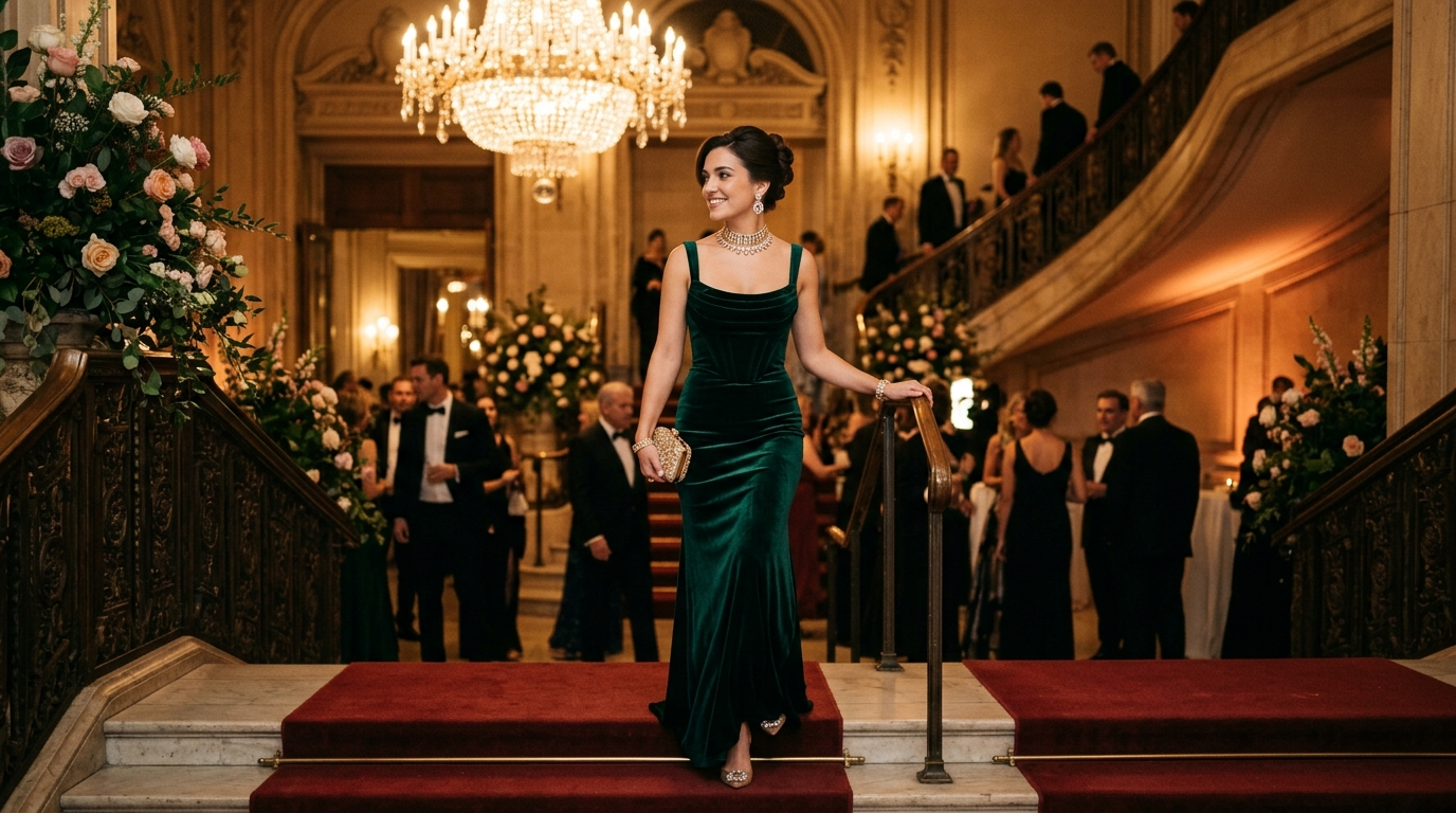 A poised young woman in a floor-length evening gown arriving at a black-tie gala