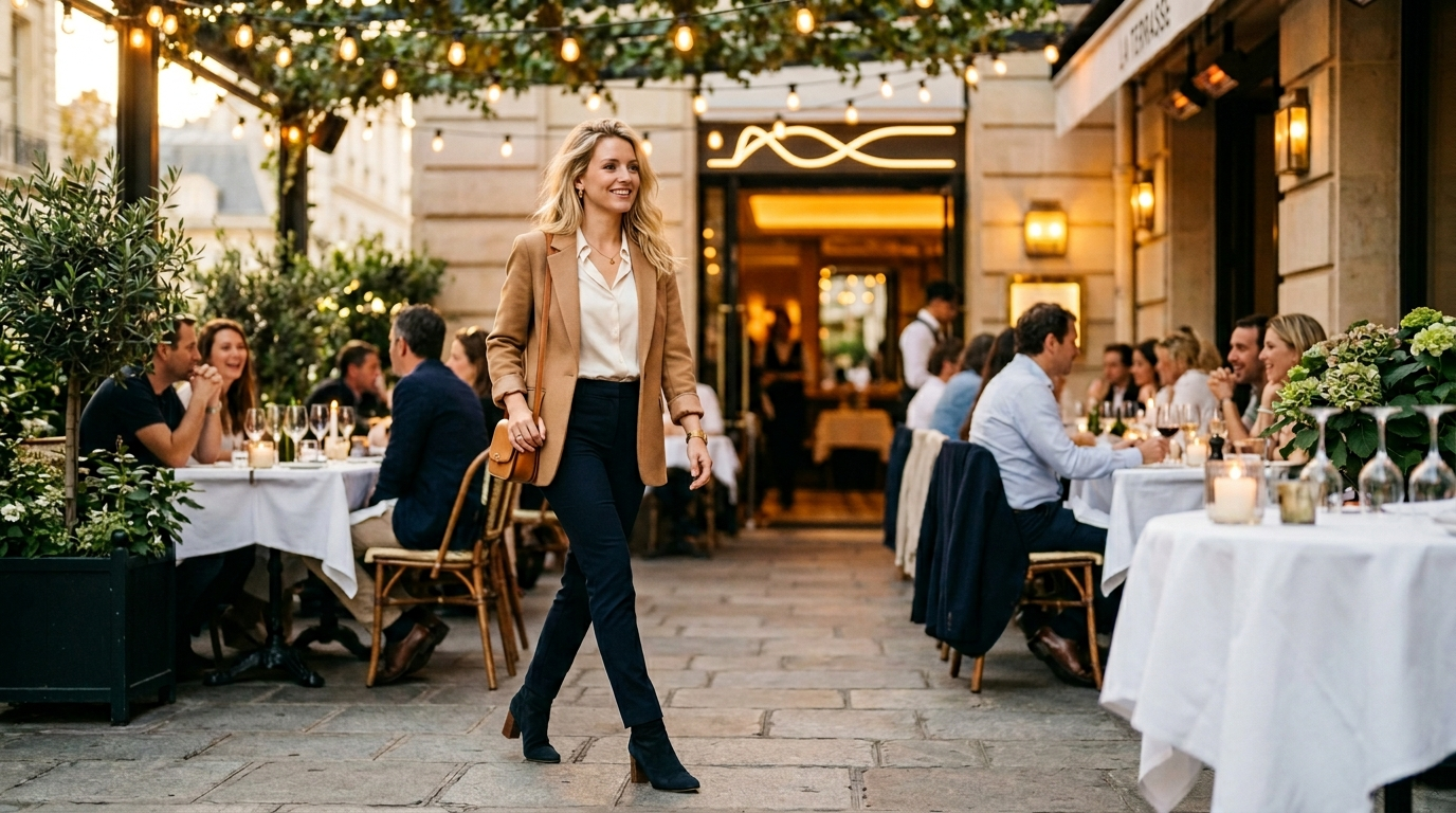 A young woman in smart casual style arriving at a restaurant terrace